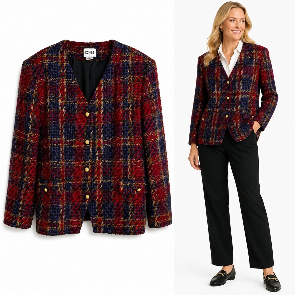 Koret Blazer Womens 20W Red Multi Plaid Boucle Tweed Collarless V-Neck 2515181